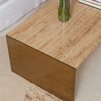 Natural and Antique Brass Travertine and Iron Table 48 in Wide
