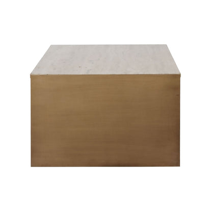 Natural and Antique Brass Travertine and Iron Table 48 in Wide