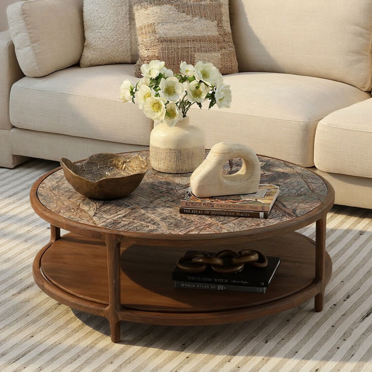 Dark Brown Bidasar Marble and Mango Wood Table 42 in Wide