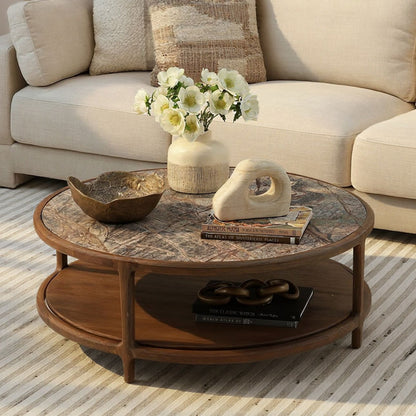 Dark Brown Bidasar Marble and Mango Wood Table 42 in Wide