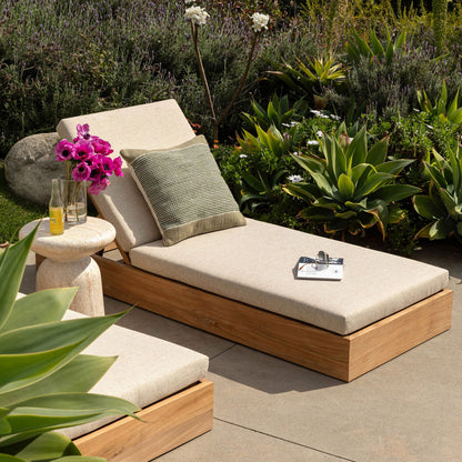 Sand and Natural Outdoor Basketweave Tweed Fabric and Teak Wood Chaise 78.5 in Wide