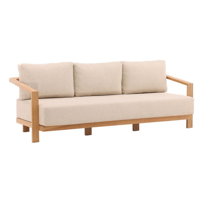Sand and Natural Outdoor Plain Woven Fabric and Teak Wood Sofa 85 in Wide
