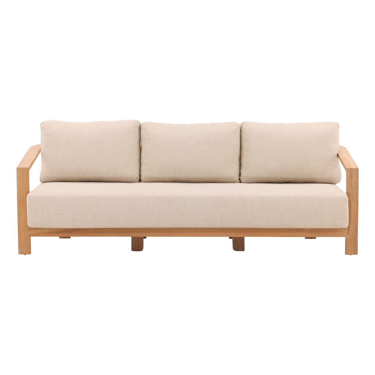 Sand and Natural Outdoor Plain Woven Fabric and Teak Wood Sofa 85 in Wide
