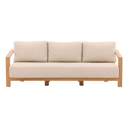 Sand and Natural Outdoor Plain Woven Fabric and Teak Wood Sofa 85 in Wide