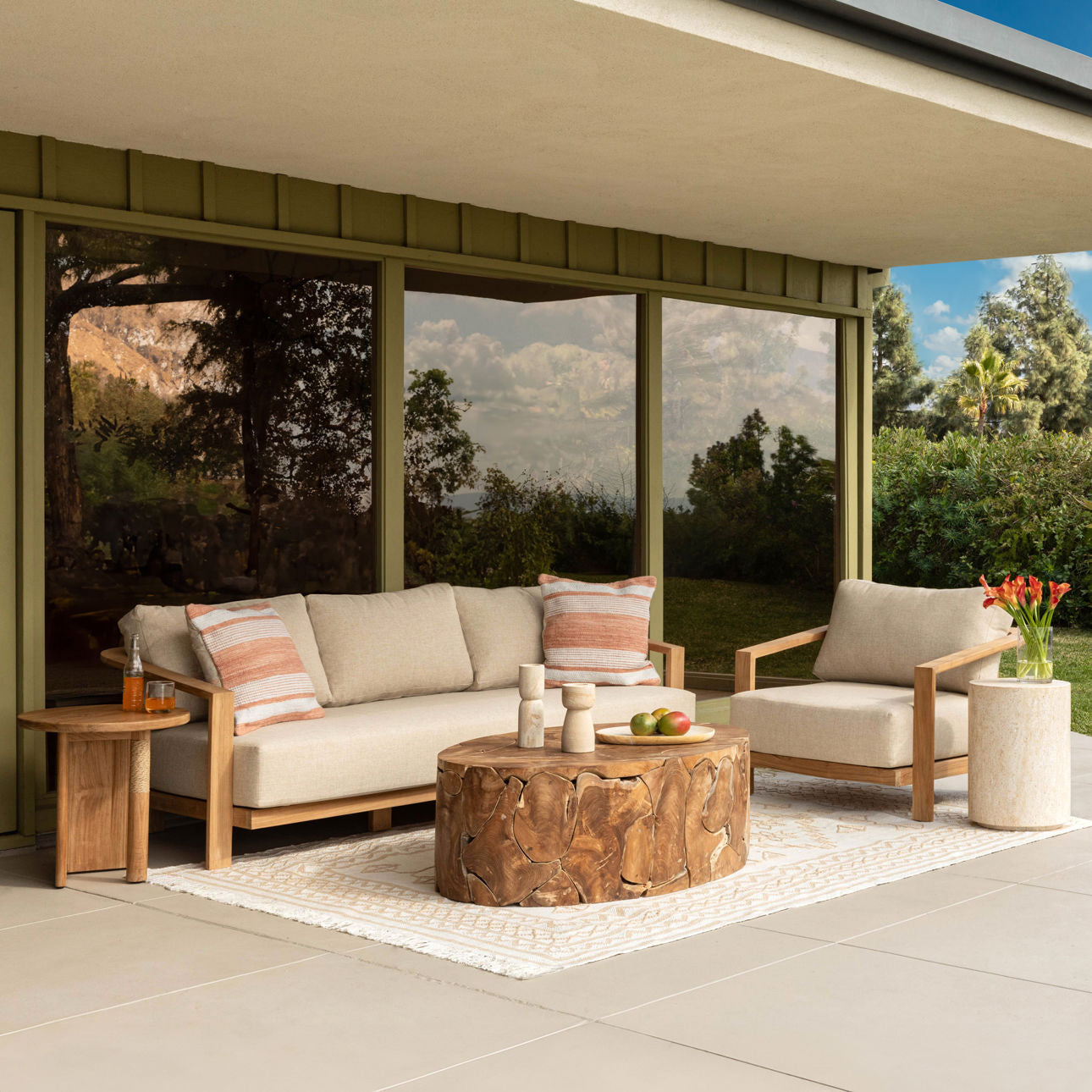 Sand and Natural Outdoor Plain Woven Fabric and Teak Wood Sofa 85 in Wide