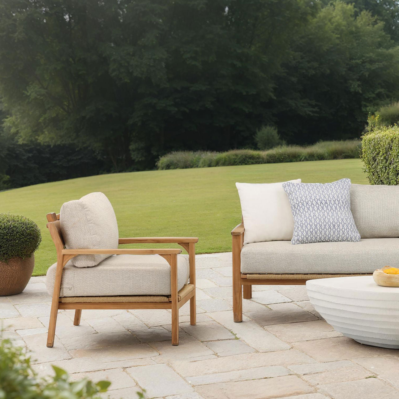 Fairfax Taupe and Natural Teak 100% Olefin and Teak Wood Sofa 32 in Wide