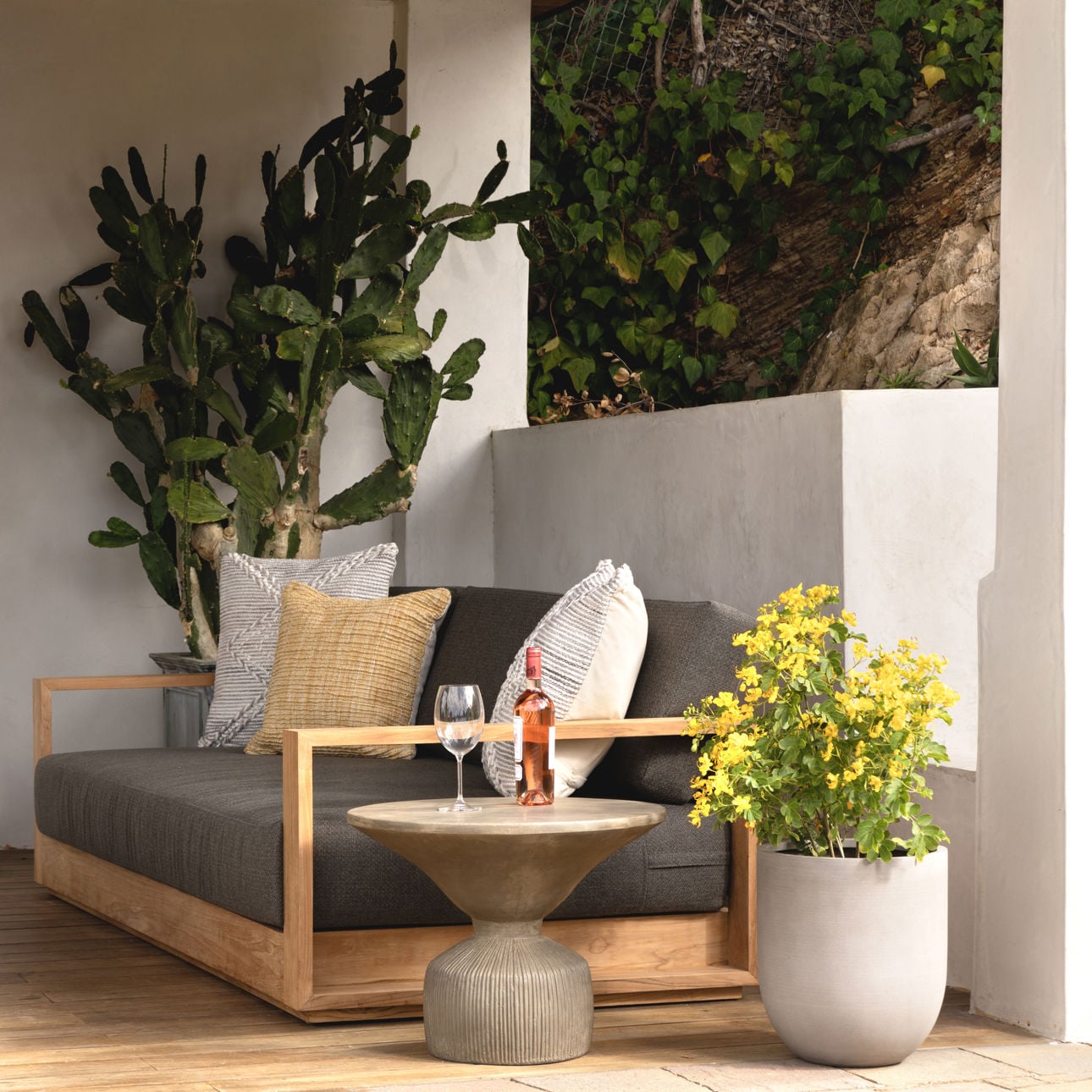 Charcoal and Natural Teak Solution-Dyed Acrylic Upholstery and Teak Wood Sofa 94.5 in Wide