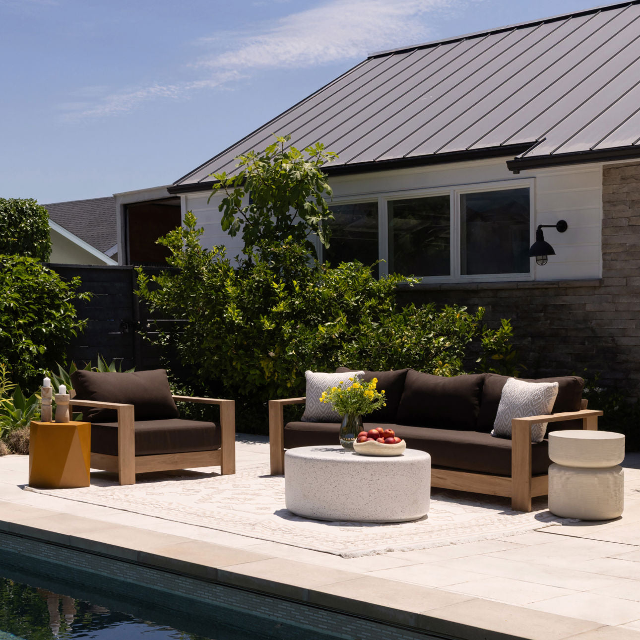 Woolacombe Chocolate and Natural Solution-Dyed Acrylic Upholstery and Teak Wood Sofa 94.5 in Wide