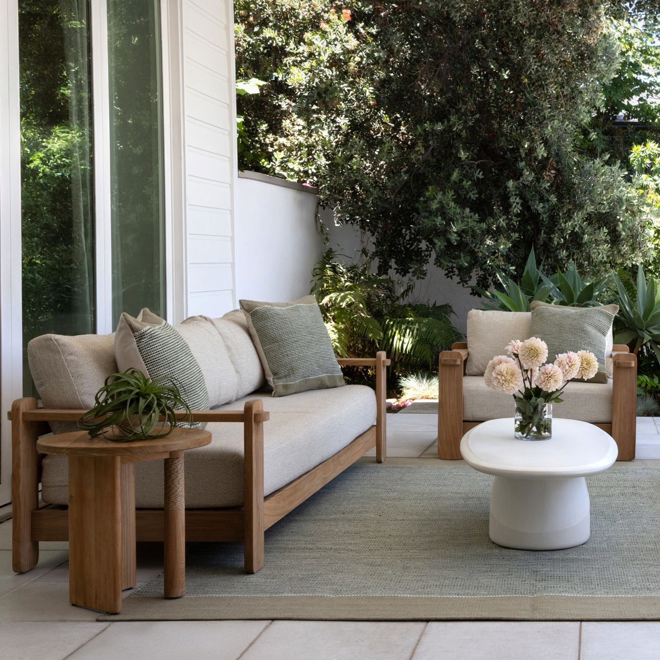 Fairfax Taupe and Natural Olefin and Teak Wood Sofa 41.5 in Wide
