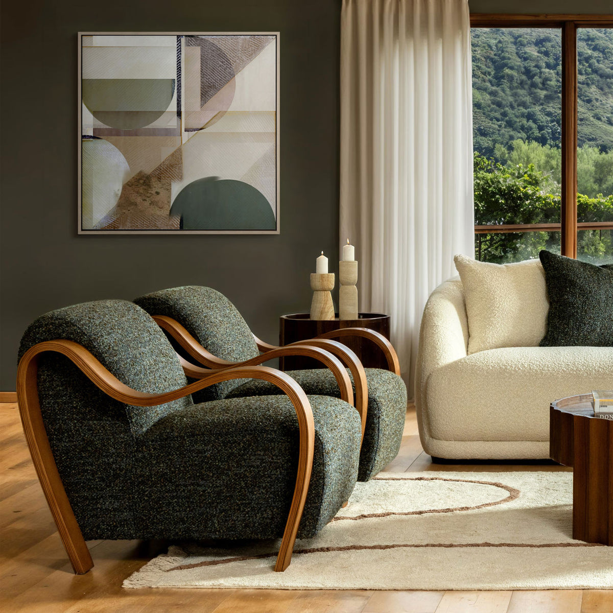 Elevated Multi-Tone Boucle Fabric and Oak Wood Home Accent