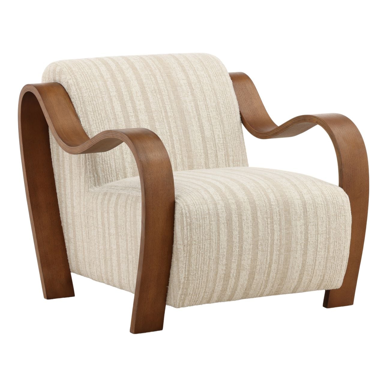 Agate Cream and Brown Textured Striped Chenille and Oak Wood Chair 29.5 in Wide