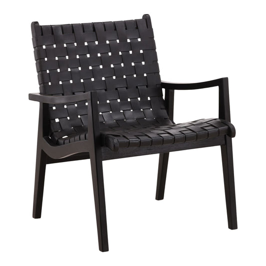 Black Geniune Leather and Teak Wood Chair 26.5 in Wide