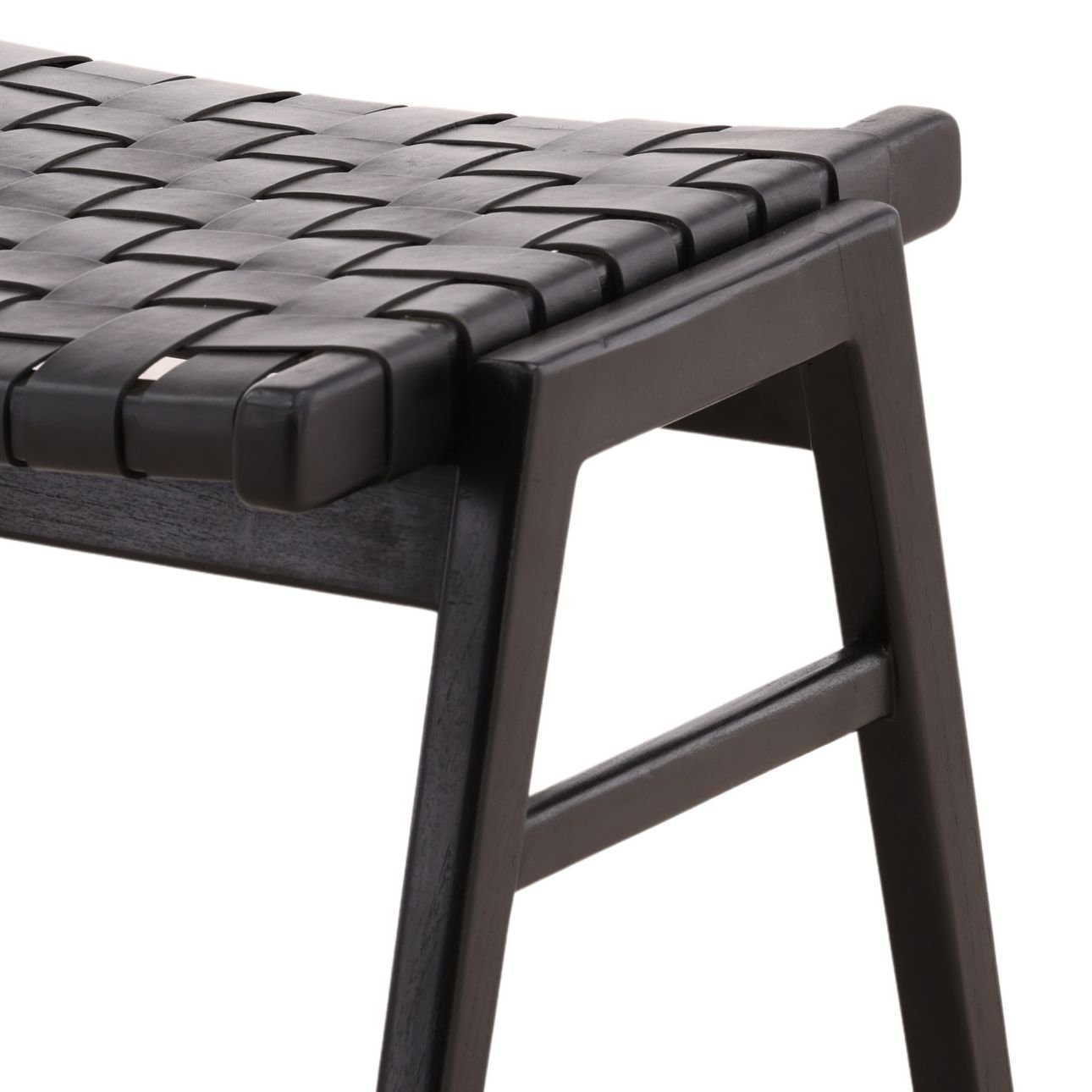 Black Geniune Leather and Teak Wood Ottoman 24.5 in Wide