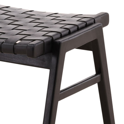 Black Geniune Leather and Teak Wood Ottoman 24.5 in Wide