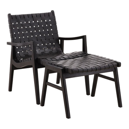 Black Geniune Leather and Teak Wood Ottoman 24.5 in Wide