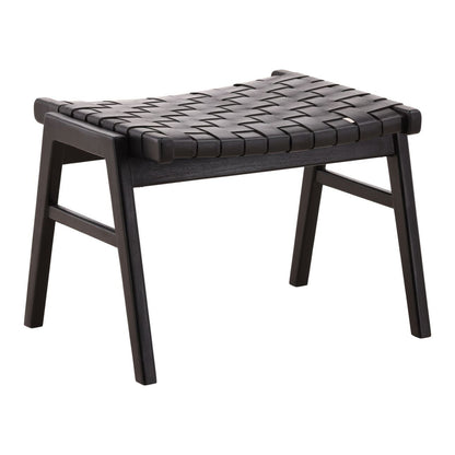 Black Geniune Leather and Teak Wood Ottoman 24.5 in Wide