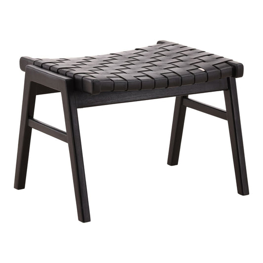 Black Geniune Leather and Teak Wood Ottoman 24.5 in Wide