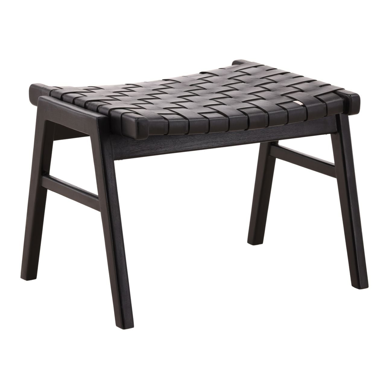 Black Geniune Leather and Teak Wood Ottoman 24.5 in Wide