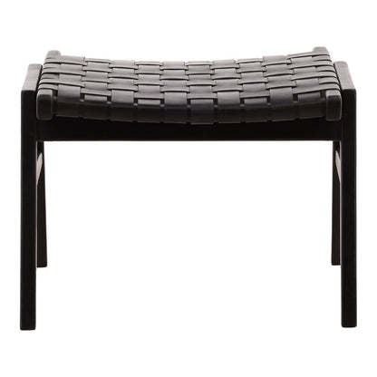 Black Geniune Leather and Teak Wood Ottoman 24.5 in Wide