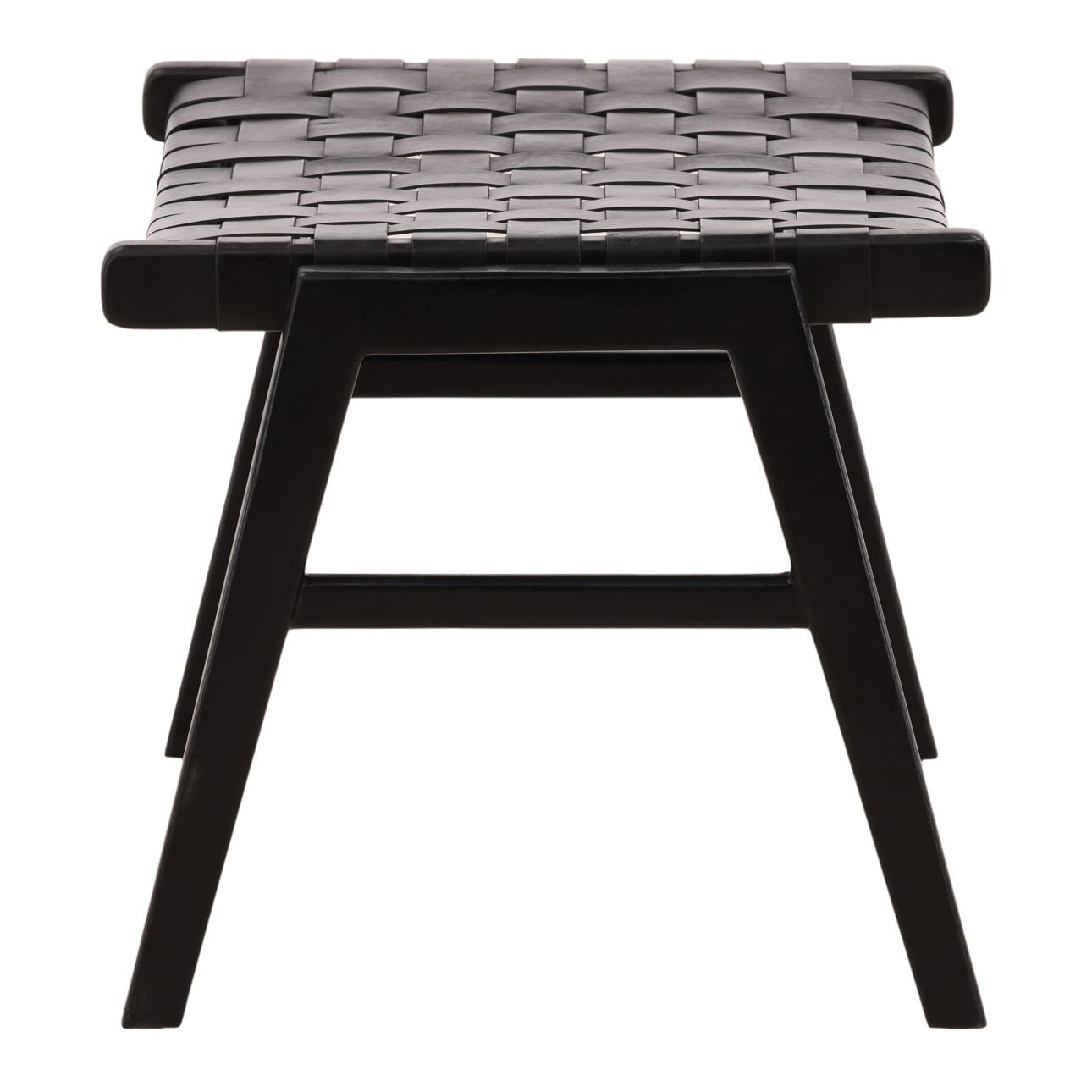Black Geniune Leather and Teak Wood Ottoman 24.5 in Wide