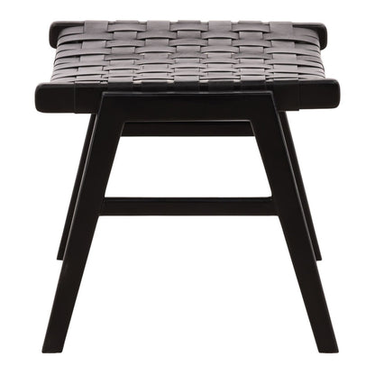 Black Geniune Leather and Teak Wood Ottoman 24.5 in Wide