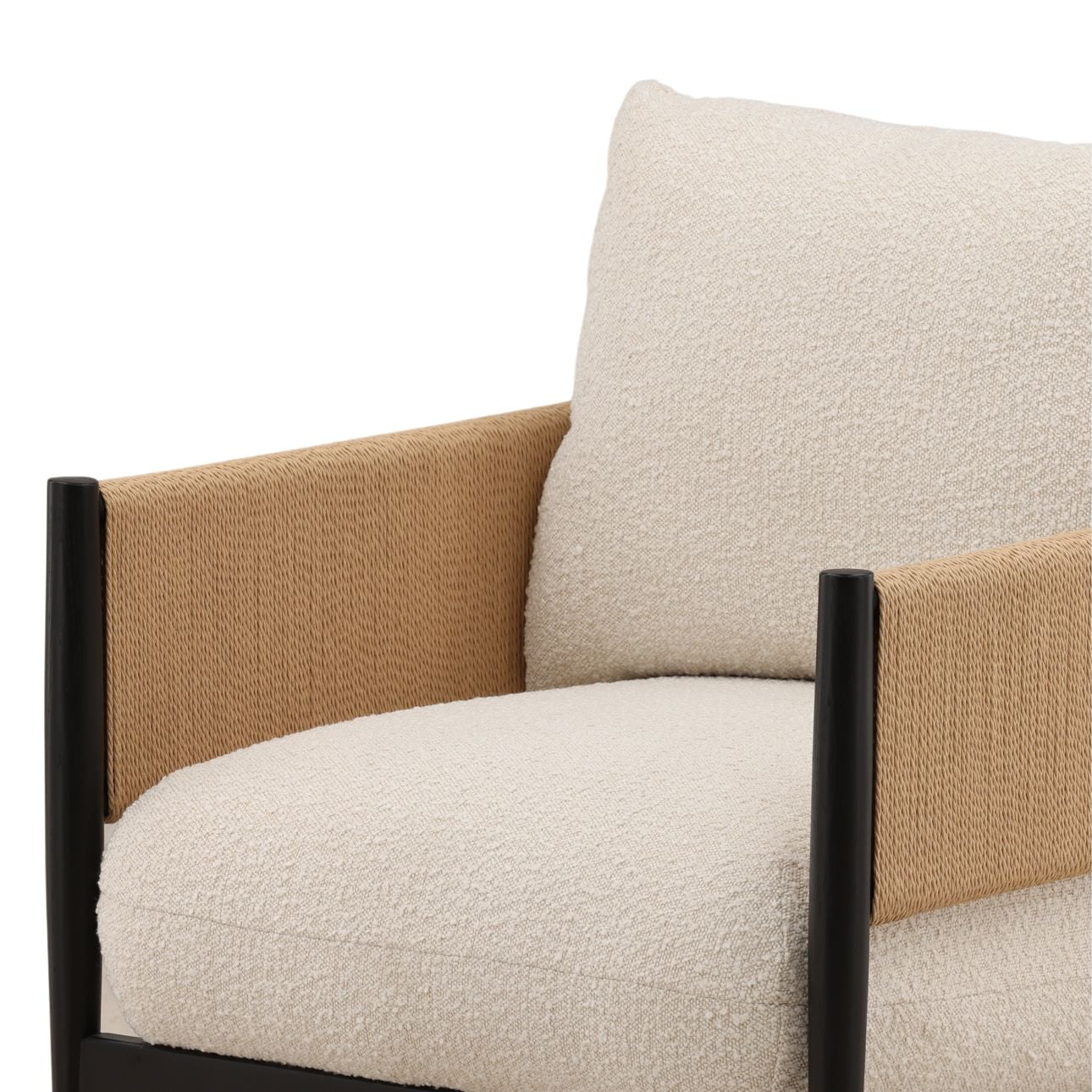 Cream and Black Boucle Fabric, Twisted Rope and Ash Wood Chair 27 in Wide