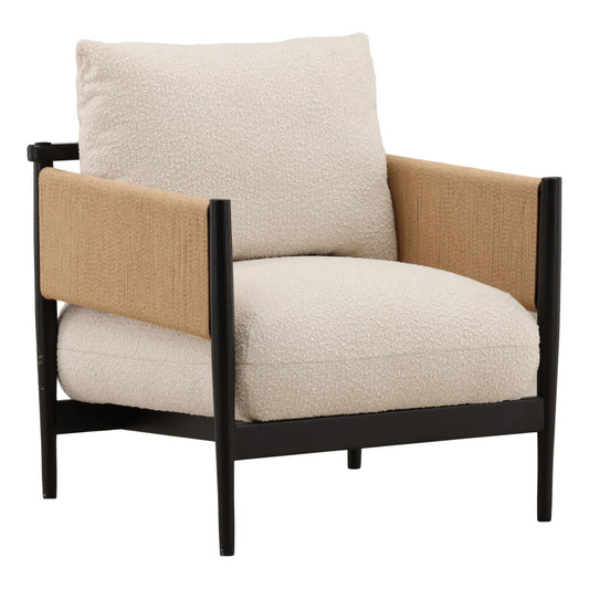 Cream and Black Boucle Fabric, Twisted Rope and Ash Wood Chair 27 in Wide