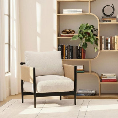 Cream and Black Boucle Fabric, Twisted Rope and Ash Wood Chair 27 in Wide