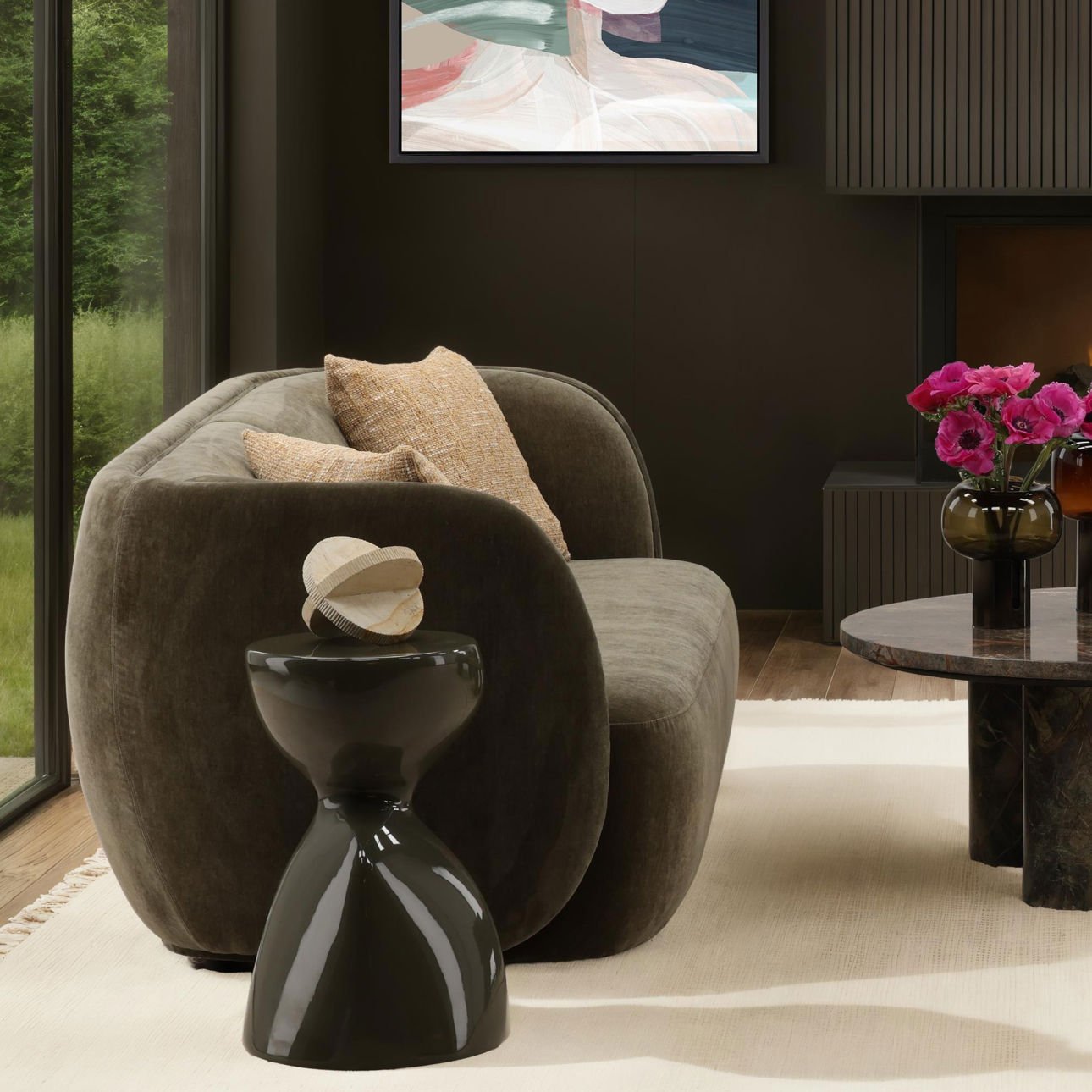 Olive Velvet Fabric Sofa 85.5 in Wide