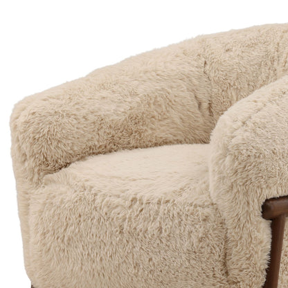 Cream and Dark Brown Faux Fur Fabric and Rubber Wood Chair 32.5 in Wide