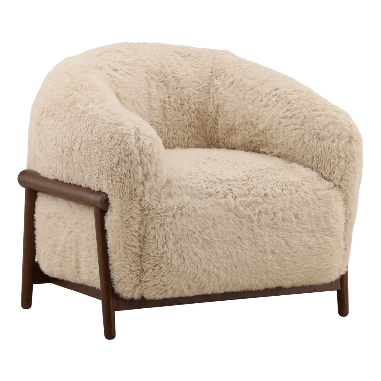Cream and Dark Brown Faux Fur Fabric and Rubber Wood Chair 32.5 in Wide