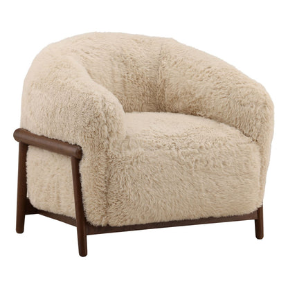 Cream and Dark Brown Faux Fur Fabric and Rubber Wood Chair 32.5 in Wide
