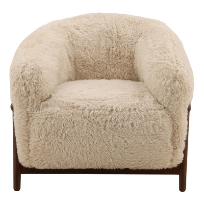 Cream and Dark Brown Faux Fur Fabric and Rubber Wood Chair 32.5 in Wide