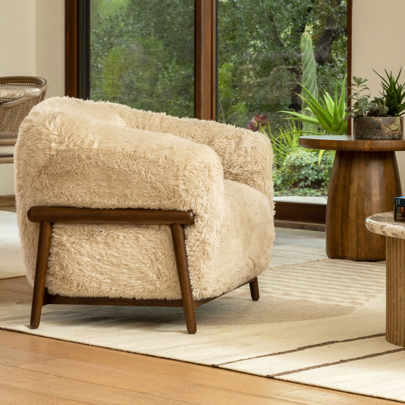 Cream and Dark Brown Faux Fur Fabric and Rubber Wood Chair 32.5 in Wide