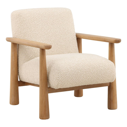 Cream and Light Natural Boucle Fabric and Rubber Wood Chair 28 in Wide