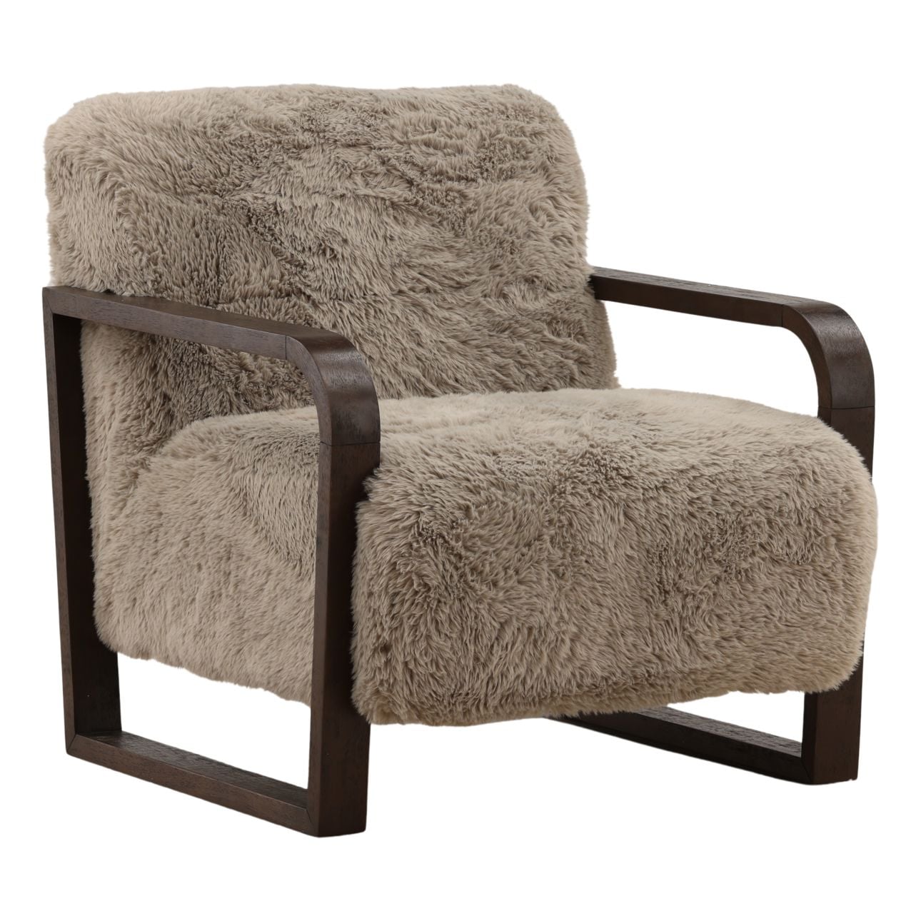 Grey and Dark Brown Faux Fur Fabric and Rubber Wood Chair 29.5 in Wide