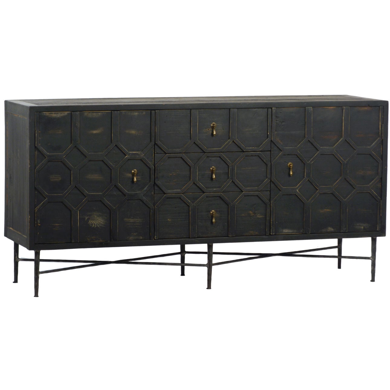 Antique Black Finish Reclaimed Pine Wood and Iron Base Sideboard 63 in Wide