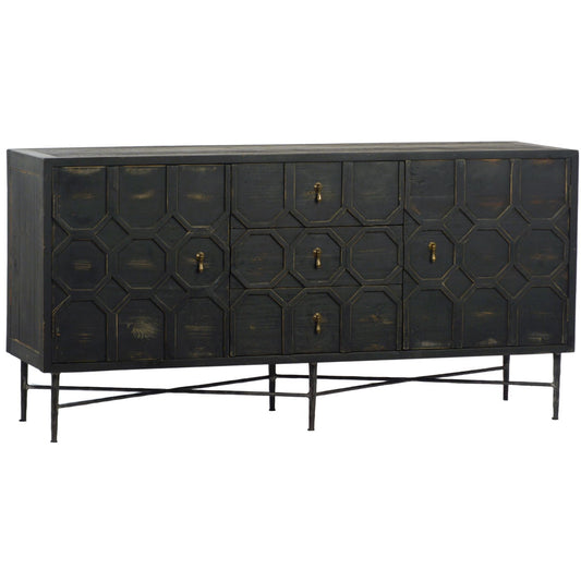 Antique Black Finish Reclaimed Pine Wood and Iron Base Sideboard 63 in Wide
