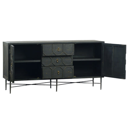 Antique Black Finish Reclaimed Pine Wood and Iron Base Sideboard 63 in Wide