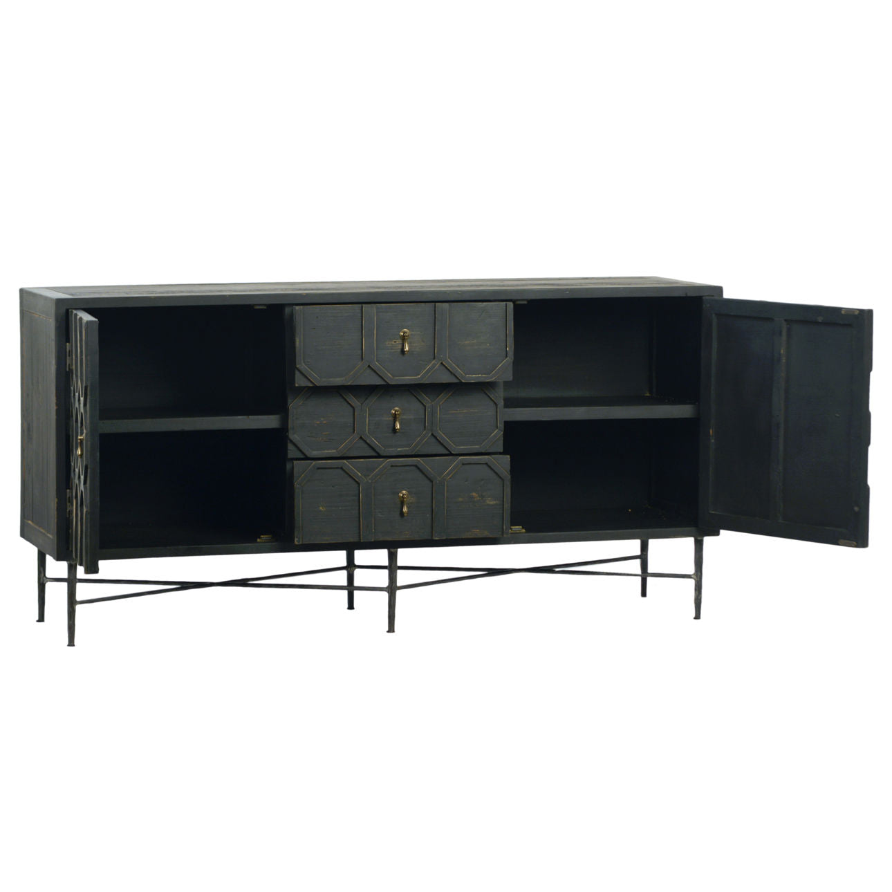 Antique Black Finish Reclaimed Pine Wood and Iron Base Sideboard 63 in Wide