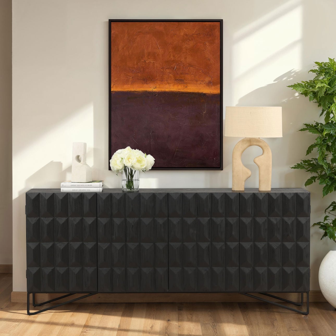 Antique Black Finish Reclaimed Pine Wood and Iron Base Sideboard 84 in Wide