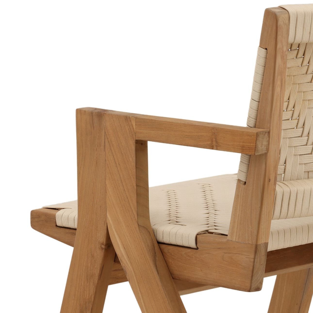 Cream and Natural Outdoor Flat Rope and Teak Wood Chair 23 in Wide