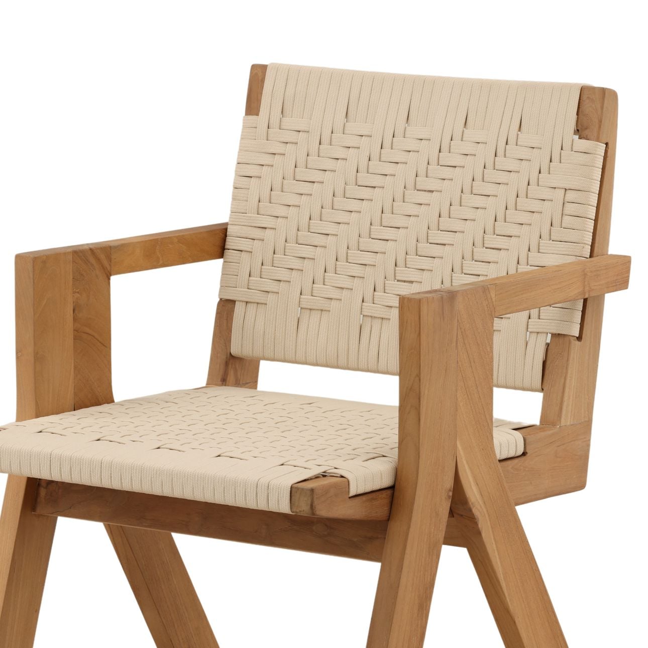 Cream and Natural Outdoor Flat Rope and Teak Wood Chair 23 in Wide