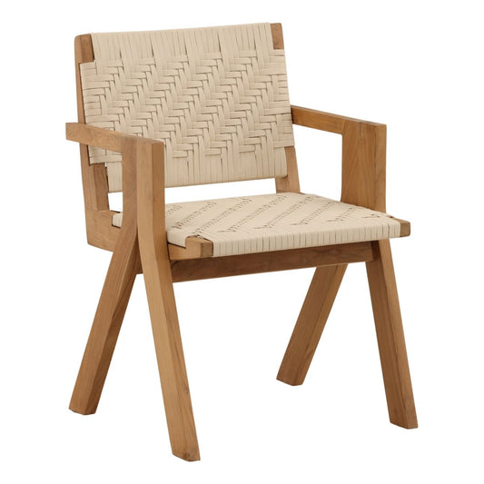 Cream and Natural Outdoor Flat Rope and Teak Wood Chair 23 in Wide