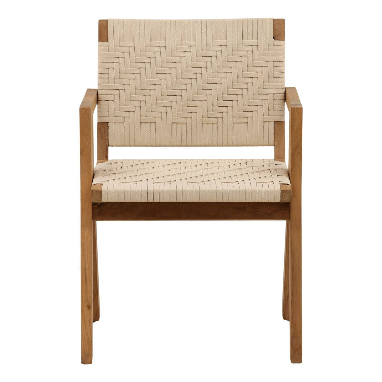 Cream and Natural Outdoor Flat Rope and Teak Wood Chair 23 in Wide