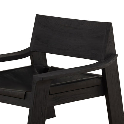 Black Leather and Teak Wood Chair 31 in Wide