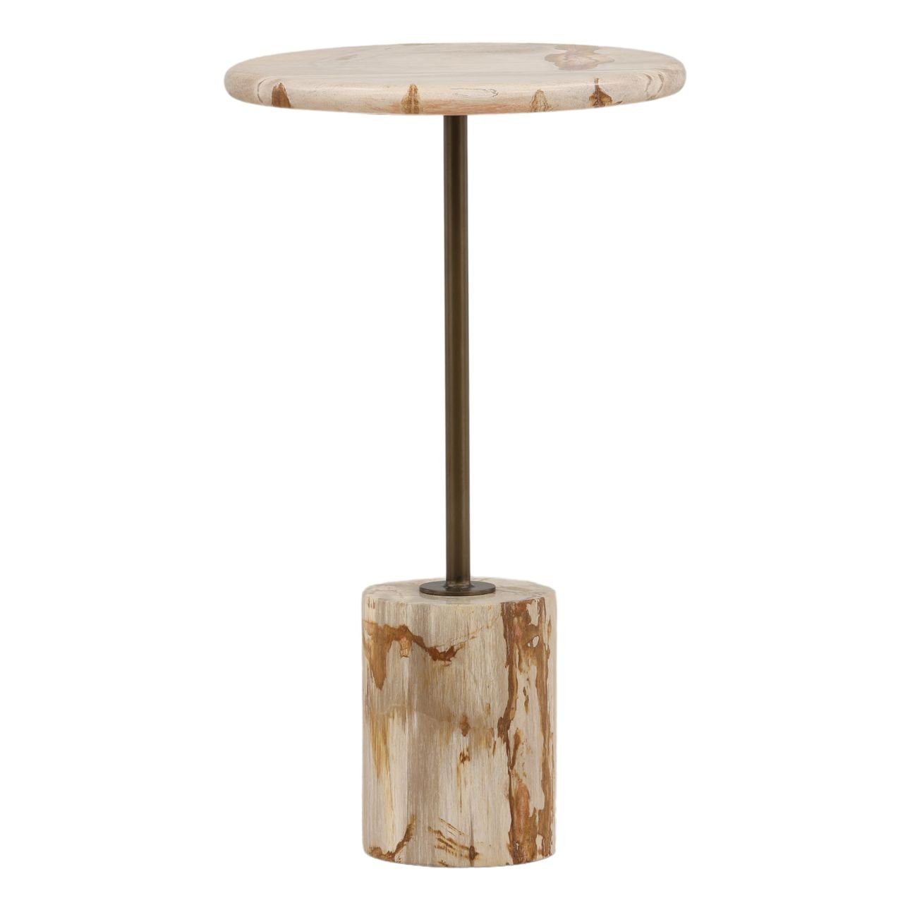 Light Natural and Antique Brass Petrified Wood and Iron Table 14 in Wide