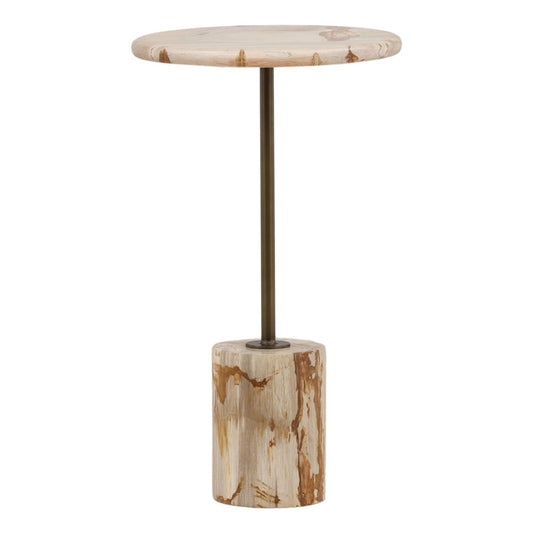 Light Natural and Antique Brass Petrified Wood and Iron Table 14 in Wide