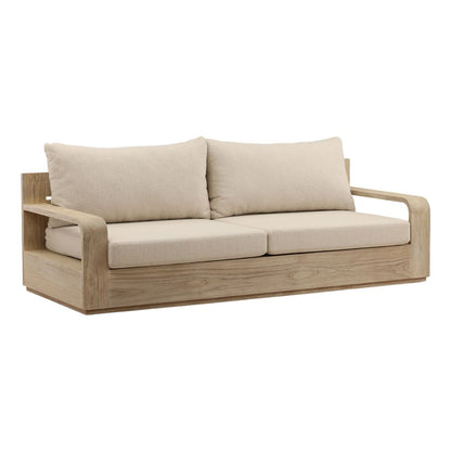 Sand and Grey Olefin Fabric and Teak Wood Sofa 87 in Wide