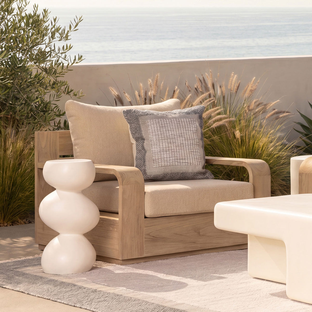Refined Olefin Fabric and Teak Wood Sofa
